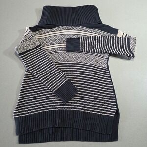 Navy Blue Cream Cowl Neck Fair Isle Striped Knit Sweater Womens Size M